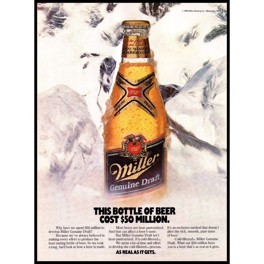 1988 Miller Genuine Draft Beer MGD Vintage print Ad Black Label Ice Glacier Art